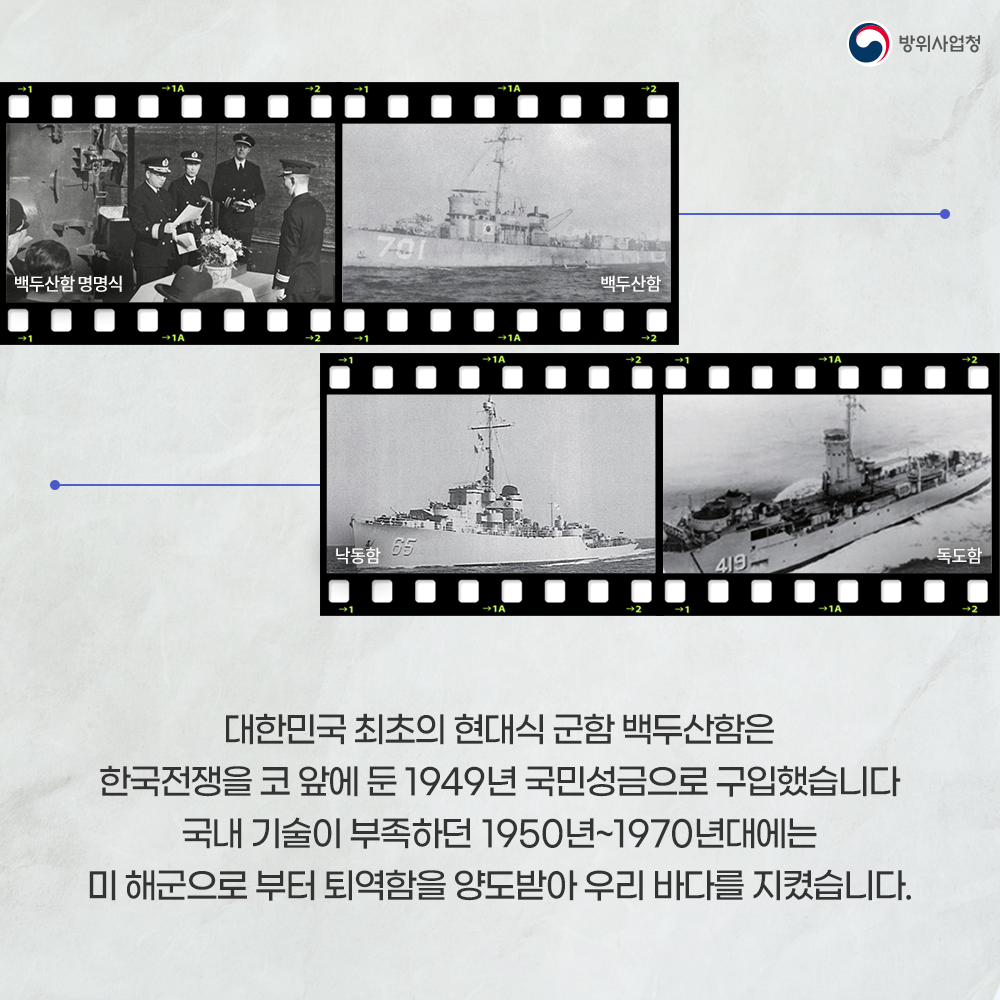 대한민국최초의현대식군함백두산함은한국전쟁을코앞에둔1949년국민성금으로구입했습니다국내기술이부족하던1950년대부터1970년대에는미해군으로부터퇴역함을양도받아우리바다를지켰습니다