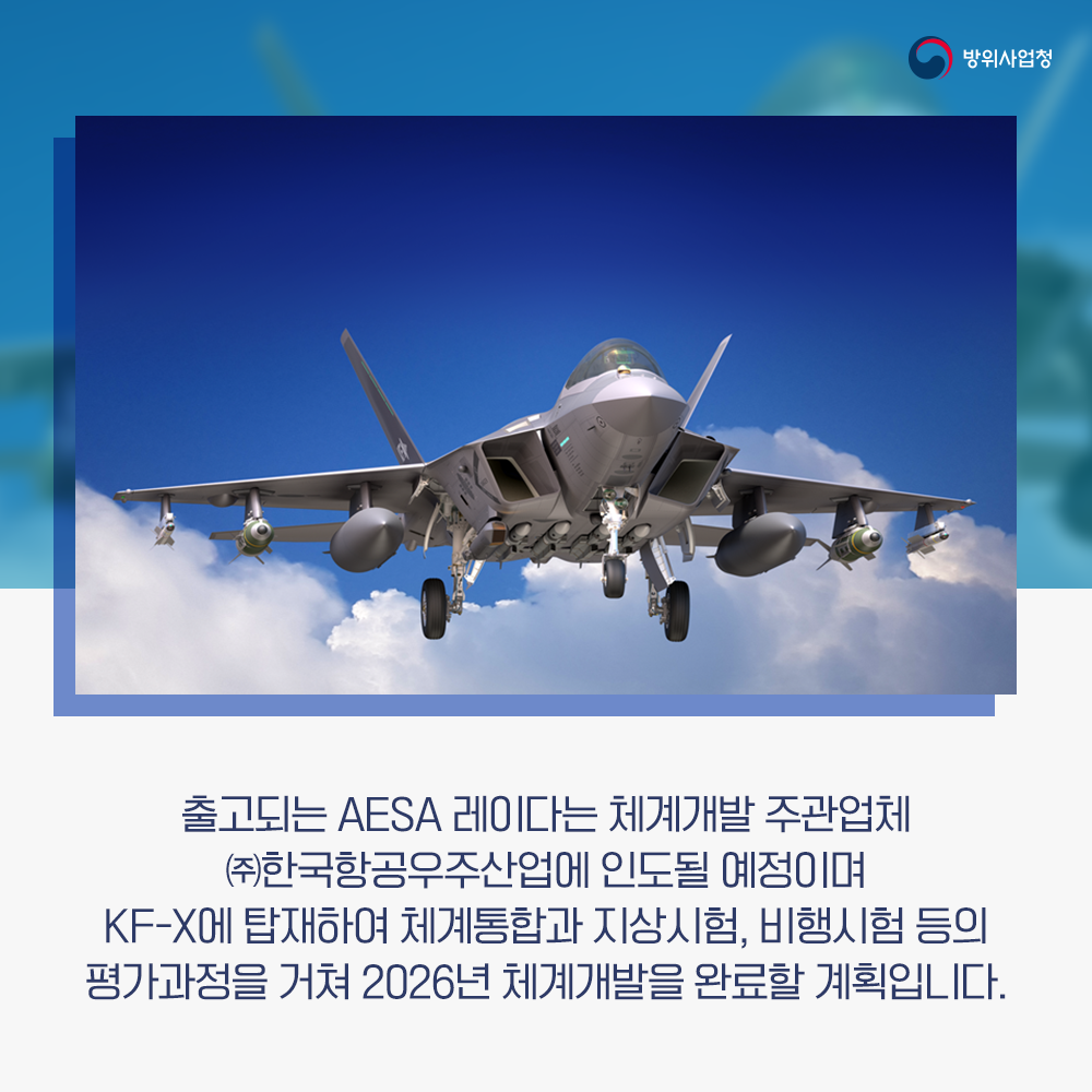 출고되는 AESA레이다는 체계개발 주관업체 (주)한국항공우주산업에 인도될 예정이며 KF-X에 탑재하여 체계통합과 지상시험, 비행시험 등의 평가과정을 거쳐 2026 체계개발을 완료할 계획입니다. (5)
