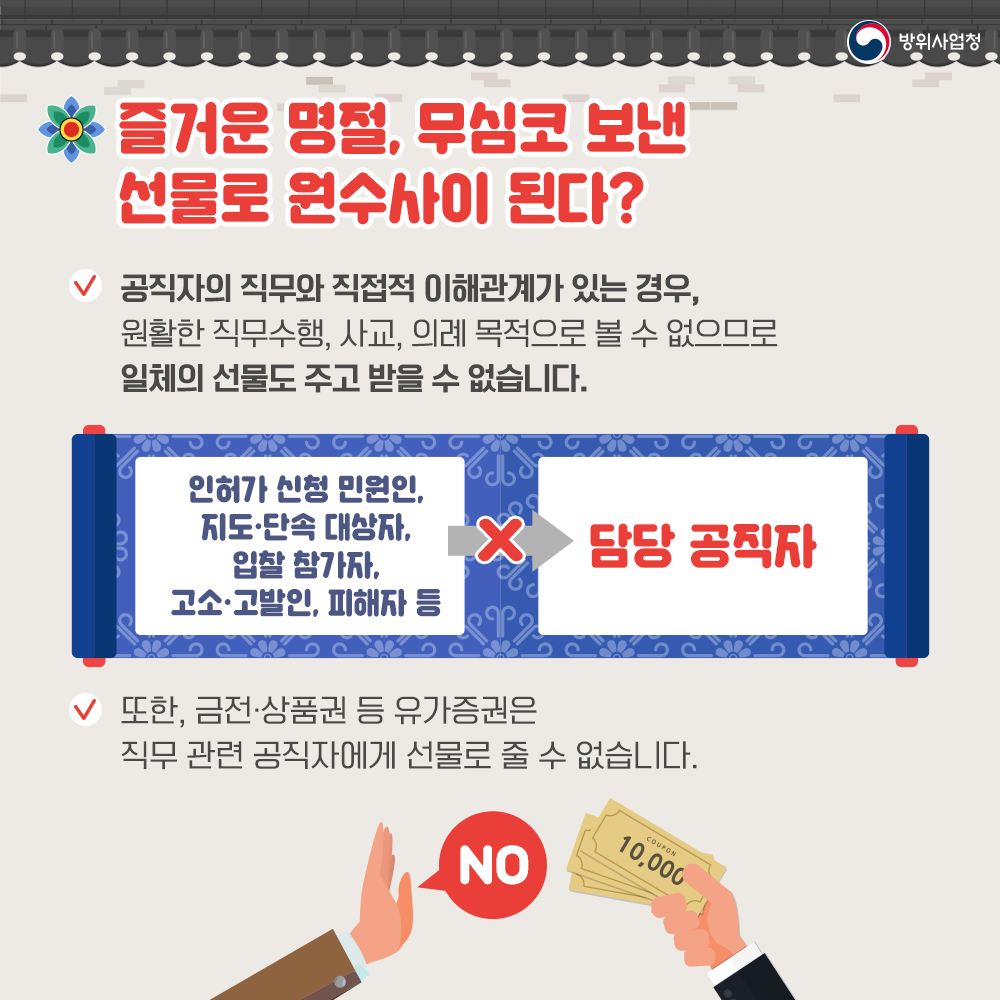 공직자의직무과직접적이해관계가있는경우는일체의선물도주고받을수없습니다