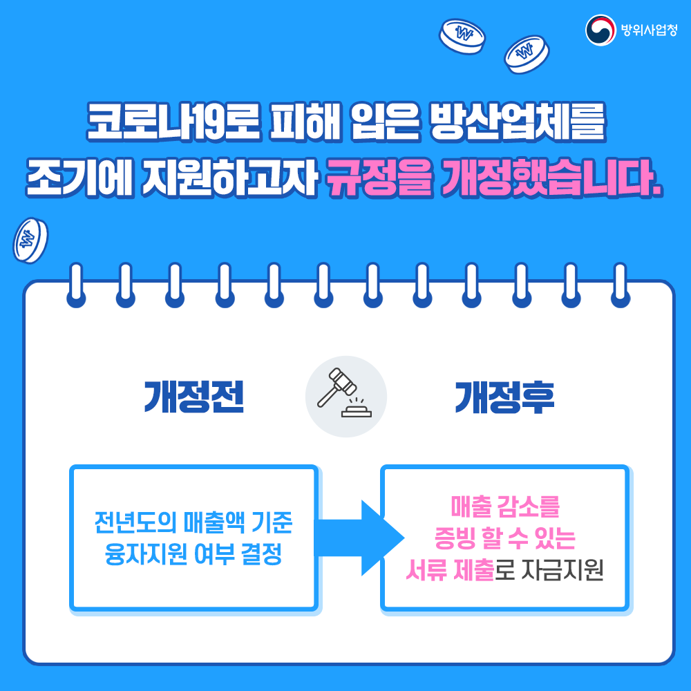 방위사업청은코로나19로피해입은방산업체를조기에지원하고자규정을개정하였습니다