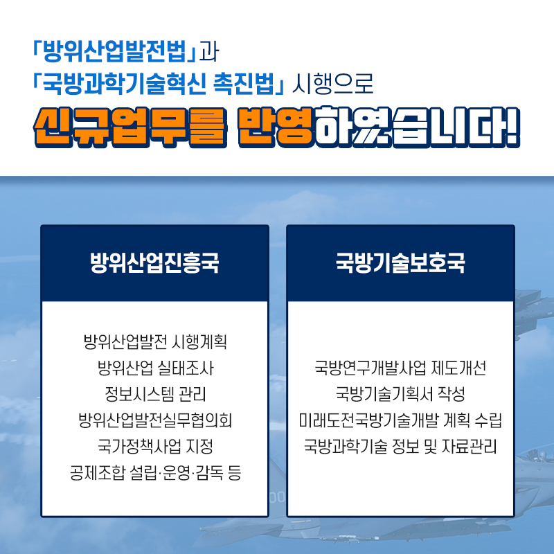 방위산업발전법과국방과학기술혁신축진법시행으로신규업무를반영하였습니다